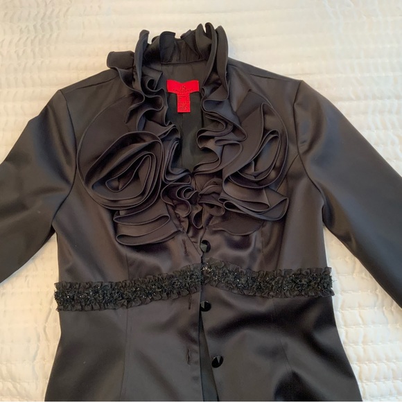 JS Collection Vintage Black Evening Jacket Ruffles Satiny Size 4 - Picture 11 of 11